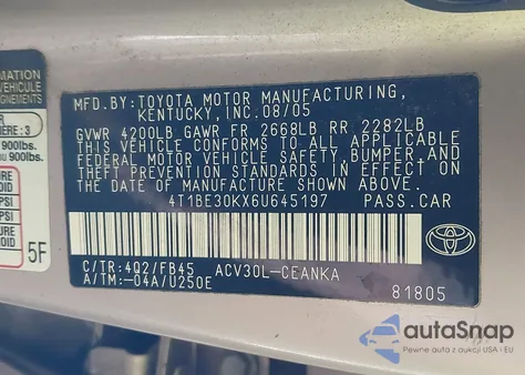 2006 Toyota Camry Le from USA, damaged, VIN 4T1BE30KX6U645197